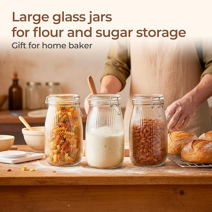ComSaf 3pcs 50oz Ribbed Glass Jars with Airtight Clamp Lids, Large Vintage Canisters for Flour, Sugar Storage & Fermenting, Wide Mouth for Pantry Organization & Countertop Decor