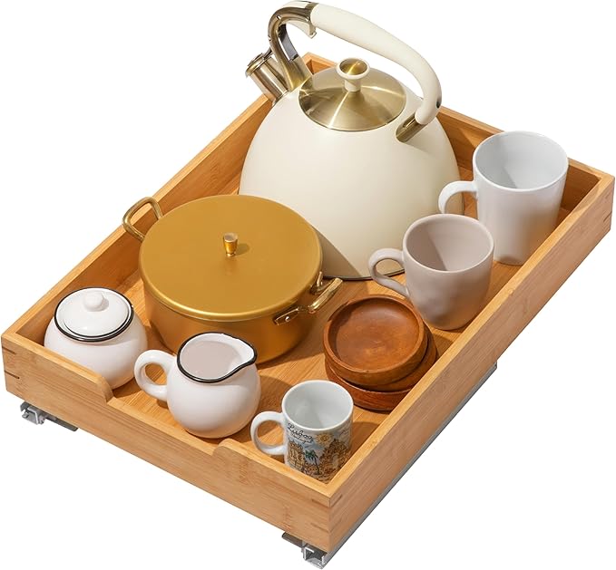 HOLDN’ STORAGE Bamboo Wooden Pull out Cabinet Organizer 14"W x 21"D Requires At Least a 15.25"W x 21"D Cabinet Opening W/Lifetime Limited Warranty, Bamboo Tray and Heavy Gauge Metal Rails