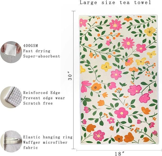 18” x 30” Highly Absorbent Kitchen Towels, Quick Dry Microfiber Tea Towel, Dish Towels for Kitchen Drying, Ultra Soft Premium Hand Towels (Brilliant Flowers)