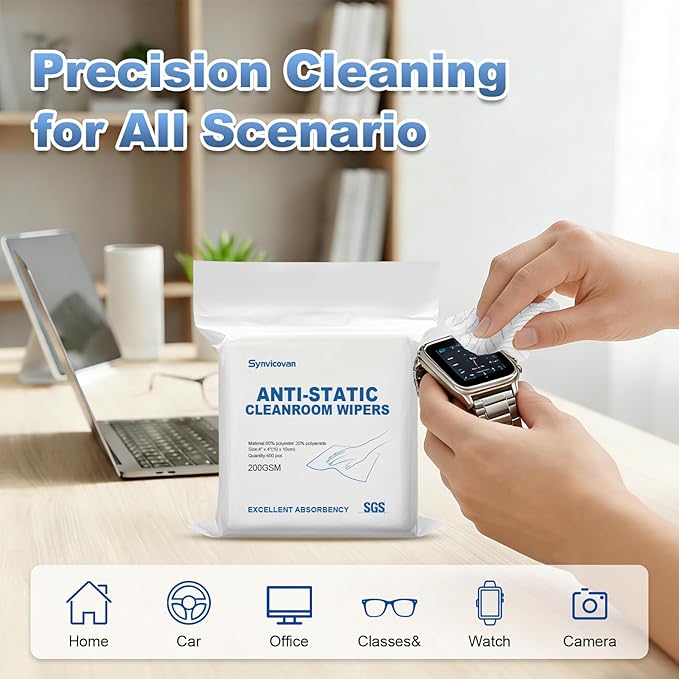 Anti-Static Microfiber Wipes 4"x4"(400 Pcs,Class 100, 200GSM) Lint Free Cloths Reusable Special ESD protection design is suitable for protecting sensitive electronic components and tools