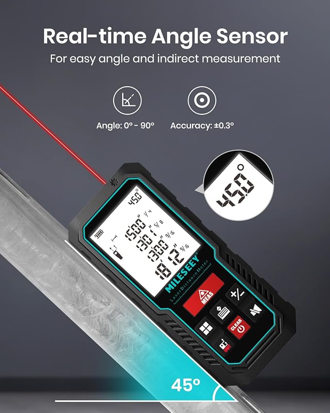 Laser Measure Device, MiLESEEY 229ft Digital Laser Tape Measure with Upgrade Electronic Angle Sensor, 2mm Accuracy, Area Measurement,Volume and Pythagoras, 2" LCD Backlit,Mute, Battery Included
