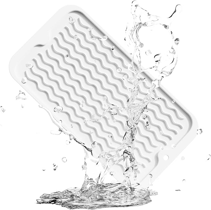 ZLR Silicone Sponge Holder & Sink Caddy Tray (6" x 12") - Narrow Dish Drying Mat for Kitchen Counter - Waterproof Soap Dispenser Organizer, Non-Slip Bathroom Vanity Tray (Milk White)