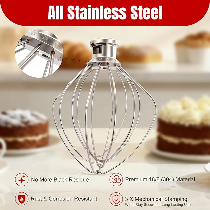 Dishwasher Safe K45WW Wire Whip for Kitchenaid Whisk Attachment 4.5QT-5QT Tilt-Head Stand Mixer,-All Stainless Steel Kitchen aid Whisk Attachment for Cream, Frostings, Cakes