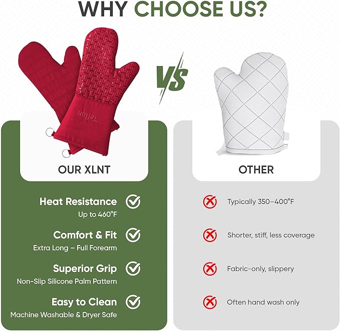 Xlnt Extra Long Oven Mitts (Red) | Teflon EcoElite Water Repellent | Heat Resistant for Oven Cooking, Grill & BBQ | Non Slip Gloves with Teflon EcoElite Finish, Cotton Lining & Hanging Loop