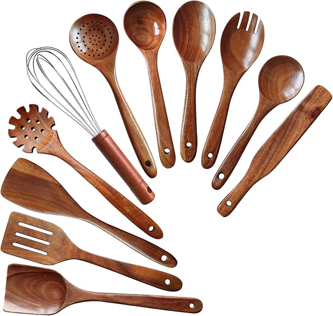 Wooden Spoons for Cooking 11 Pieces Set, High Quality Wooden Kitchen Utensil Set, Wooden Utensil Set, With Strainer Spoon, Pasta server, Fried Spatula and Salad Fork, Egg Beater, Butter Spreader
