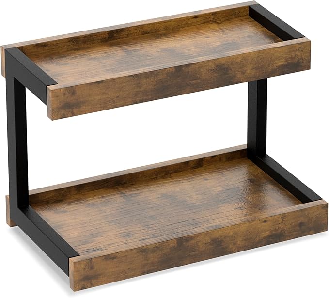 MARTY 2 Tier Spice Rack Organizer for Countertop, 15.8''L Coffee Station/Bathroom Organizer Countertop, Counter Shelf Desktop Storage Organizer for Kitchen, Bedroom, Office (Rustic Brown)