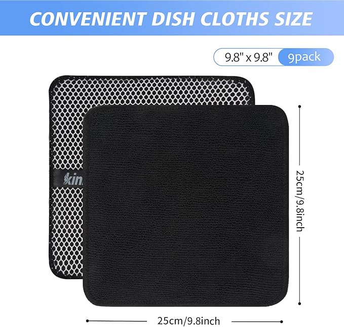 KinHwa Kitchen Washcloths for Dishes Absorbent Microfiber Dish Cloths Quick Dry Dish Rags with Poly Scour Scrub Side Ideal for Kitchen Cleaning (Black, 9inchx9inch 9 Pack)