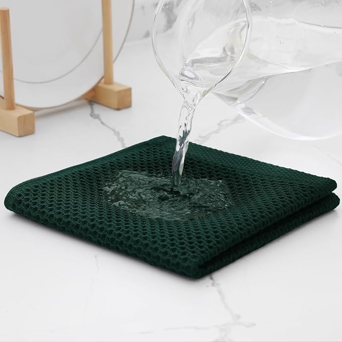 Kitinjoy 100% Cotton Kitchen Dish Cloths (12 X 12 Inches, Blackish Green), 8 Pack Waffle Weave Ultra Soft Absorbent Dish Towels for Drying Dishes Quick Drying Kitchen Towels Dish Rags