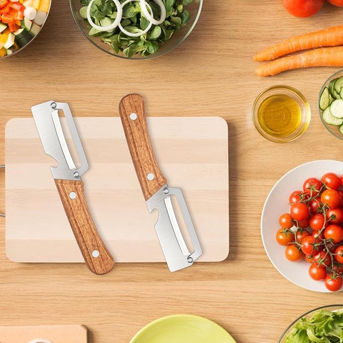 2 Pcs Multifunctional Vegetable Peeler, Stainless Steel Blade Peeler with Wooden Handle, Non-Slip Fruit Peeler for Kitchen