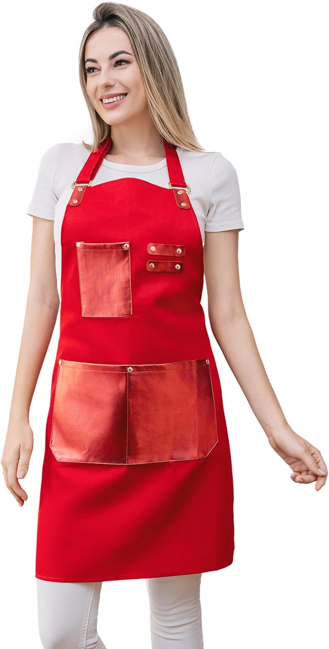 Barista Tools Apron for Women Hairstylists Servers Waterproof Canvas Kitchen Apron with 3 Pockets for Cooking Gardening