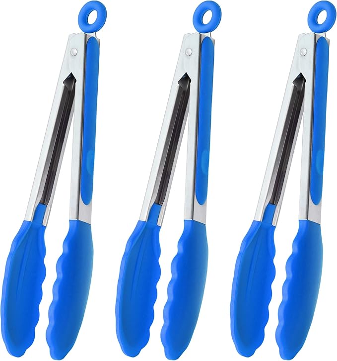 HINMAY 9-Inch Cooking Tongs with Silicone Tips, Set of 3 (Blue)