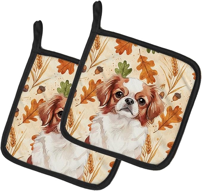 Caroline's Treasures Red and White Japanese Chin Heirloom Fall Pair of Pot Holders Pair 7.5x7.5 Quilted Insulated Hot Pads Decorative Kitchen Gift Made in USA