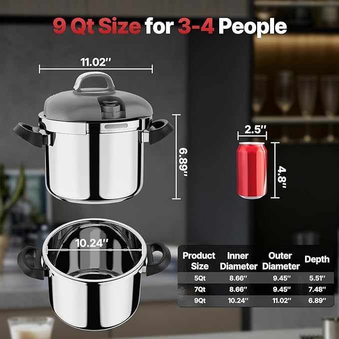 Pressure Cooker Stainless Steel,One-Hand Locking/Rotating Lock,Compatible with Gas & Induction, Fast Cooking for Large Meals,Dishwasher Safe,Olla de Presion (9 Quatrs)