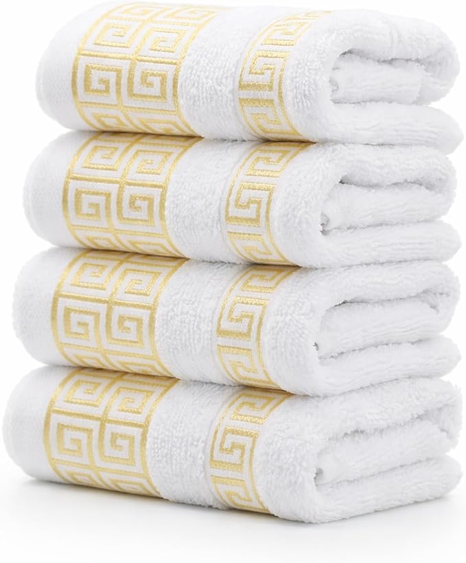 4 Piece WashCloth Set with Greek Key Design - 100% Cotton Soft & Absorbent Bathroom 12x19 in Small Towels - Soft Face Towels, Quick Dry White Wash Cloth for Spa, Hotel & Home Use CC2