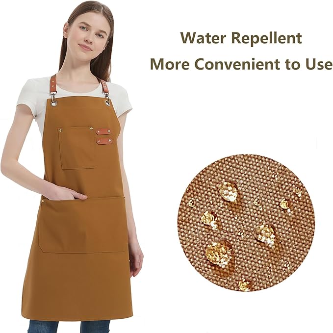 AFUN Chef Aprons for Women Men with Oversized Pockets, 12-Ounce Cotton Canvas Cross Back Water Repellent Apron (Brown)