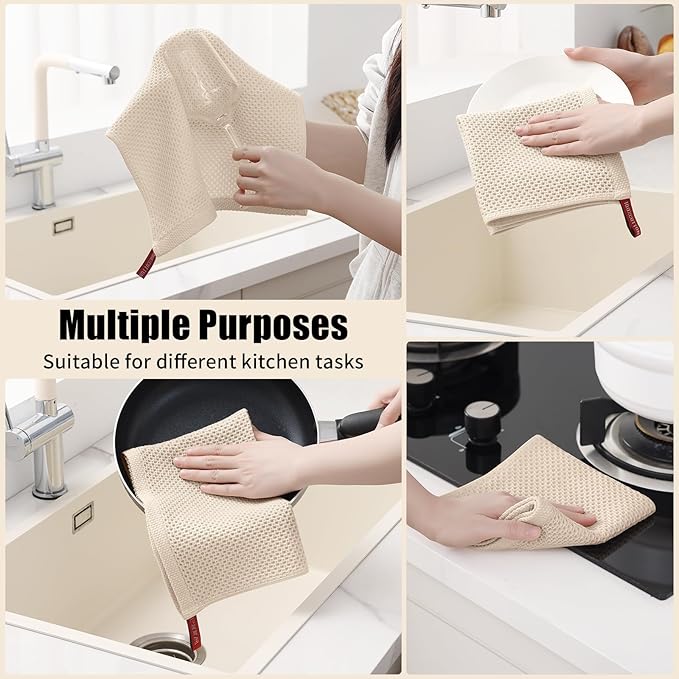 Kitinjoy 100% Cotton Kitchen Towels and Dishcloths Set, 10 Pack-13" x 28" and 12" x 12" Waffle Weave Dish Towels, Ultra Soft Absorbent Quick Drying Dish Rags, Beige