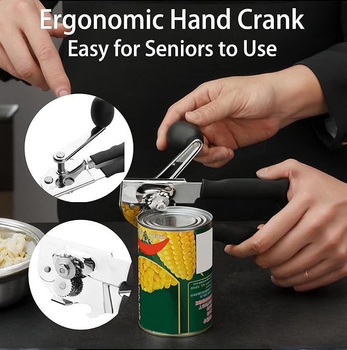 Manual Can Opener Heavy Duty Smooth Edge - Bottle Opener Combo for Seniors Adults, Stainless Steel Kitchen Camping Tool, Safe Easy to Use, Black
