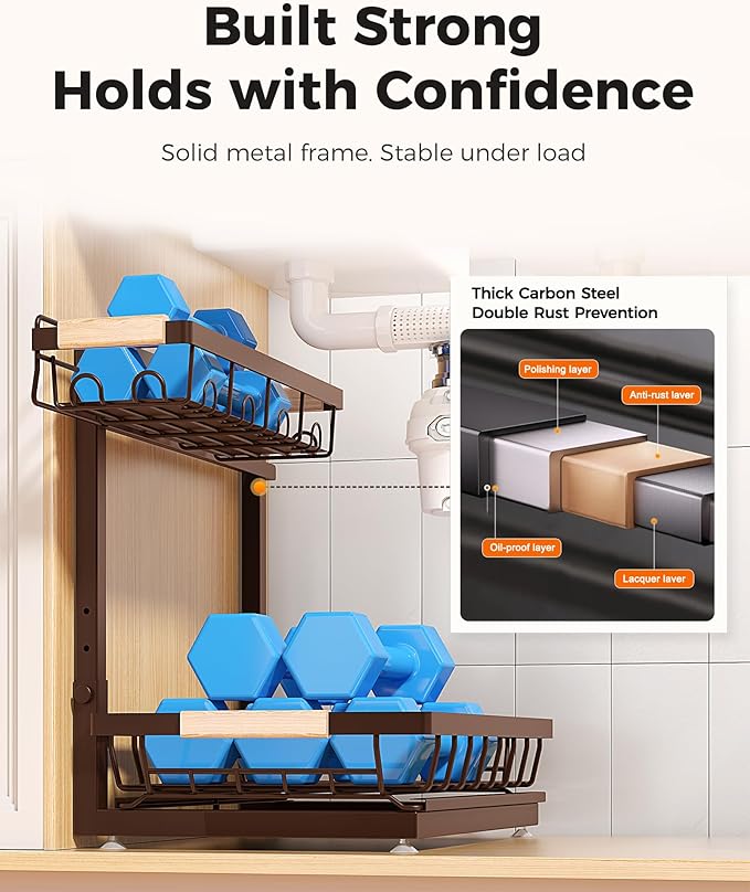 Sevenblue 3 Pack Under Sink Organizer, Multi-Purpose 2 Tier Pull-Out Metal Under Kitchen Sink Organizer, Height Adjustable Storage Shelves for Kitchen Bathroom Cabinet (Brown)