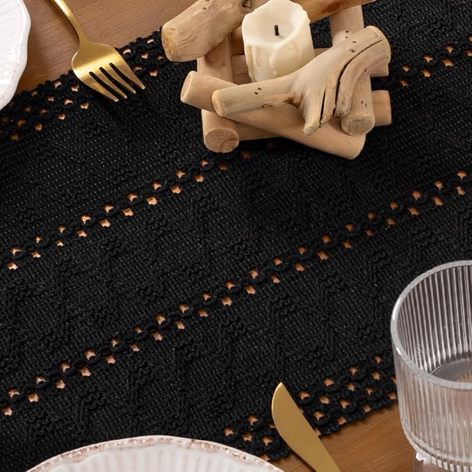DeZerlor Boho Macrame Table Runner Spring Easter Farmhouse Woven Small Table Runner with Tassels 48 Inches Halloween Black Cotton Linen Kitchen Table Decor for Dining Dresser Home Tea Table Decor