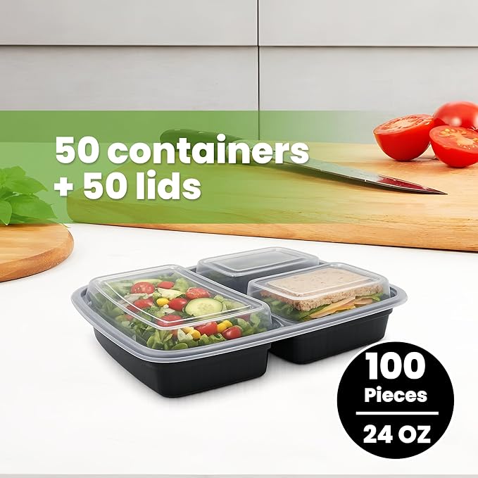 Meal Prep Containers with Lids, Reusable 3-Compartment Food Storage, Sturdy Leakproof & Food Safe, Microwave Freezer Dishwasher Safe, To-Go Takeout Plastic Containers, 50 Pack (100-Piece) – 60827