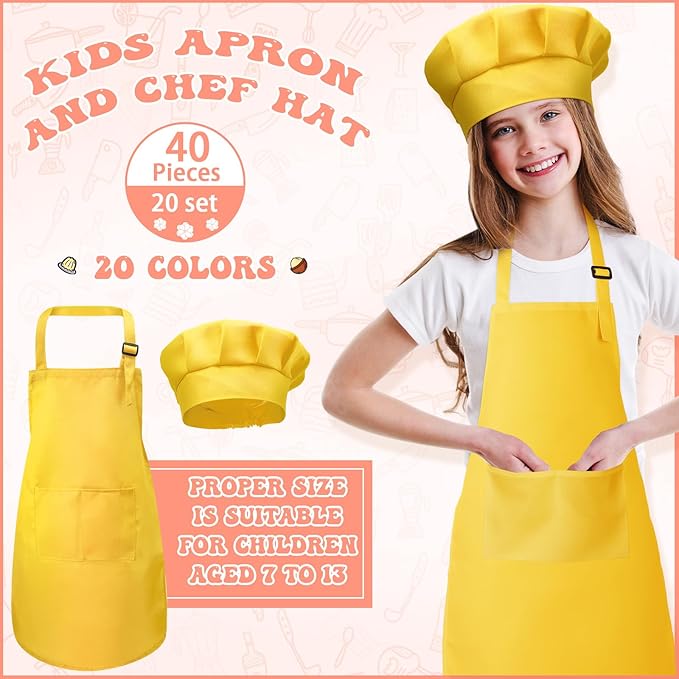 Handepo 40 Pcs Apron Chef Hat Set Aprons Chef 's Bib Apron Hats Bulk for Cooking Painting 7-13 Years