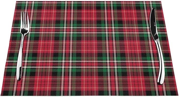 Christmas Place mats Set of 4, 12x18 Inches Red Green Plaid Decorative Placemats Rectangle Winter Table Mats for Party Home Kitchen Dining Table Decoration