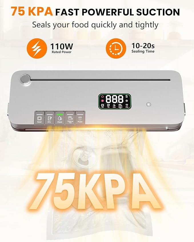 Food Vacuum Sealer Machine, 75KPa Strong Suction, Digital Timer, Built-in Cutter, Pulse Function, Dry & Moist Modes, External Vacuum for Jars & Containers, 20 Vacuum Sealer Bags Included