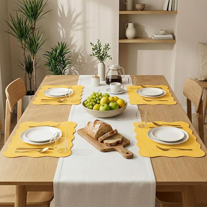 AHHFSMEI Faux Linen Placemats Set of 6 Heat Resistant Non-Slip Stain Proof Table Mats for Kitchen Dining Elegant Decor Place Mats (Yellow)