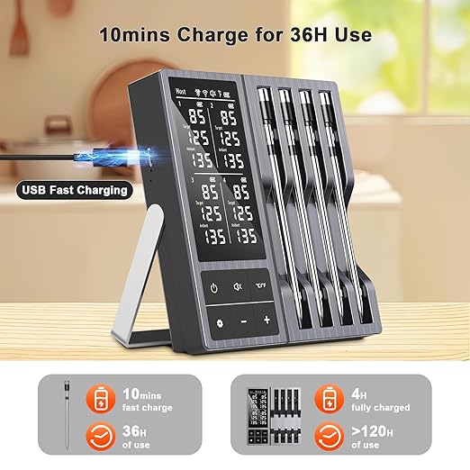 Smart Wireless Meat Thermometer with 4 Probes & 800ft Range, Bluetooth Grill Food Thermometer, Digital Backlit Screen, 0.5S Instant Read, NIST ±0.5℉ Accuracy for Kitchen BBQ, Oven, Smoker, Air Fryer
