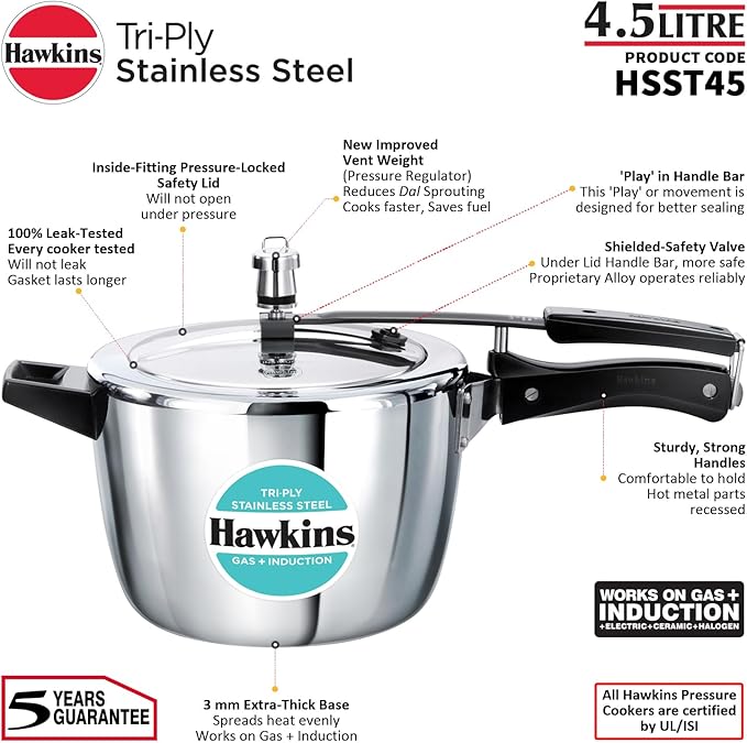HAWKINS Triply Stainless Steel Pressure Cooker, Inner Lid Cooker, (HSST45) 4.5 litres Silver