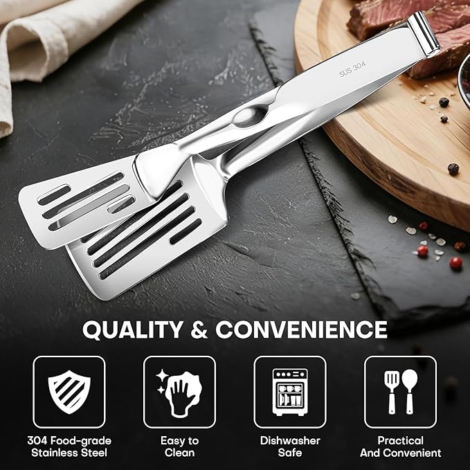 Nezylaf 2-in-1 Spatula Tongs, 11.8 Inch 304 Stainless Steel Kitchen Tongs for 12 Inch Cooking Use, Detachable Metal Tongs with Oil Drain Holes for Grilling Frying Steak
