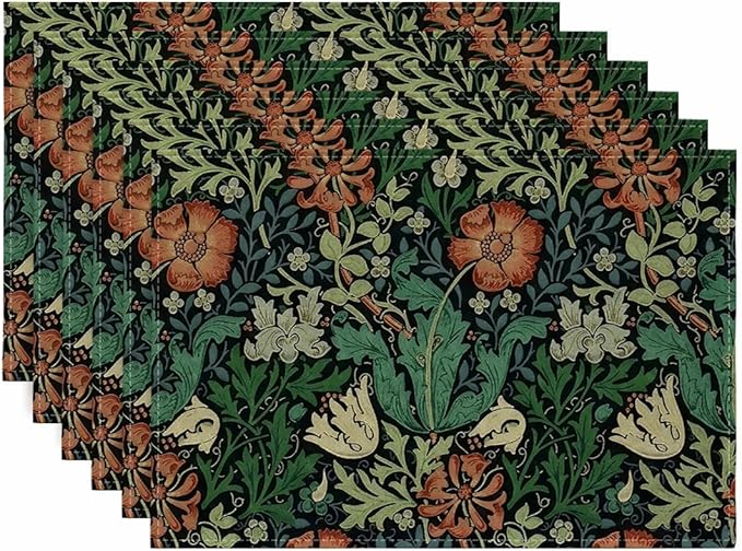 Ansouyi Placemats Set of 6, William Morris Floral Art Nouveau Pattern Washable Heat Resistant Linen Table Mats, Kitchen Decor Non-Slip Place Mats for Party Dining, 12x18 Inch