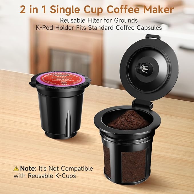 Horavie Small Single Serve Coffee Maker, Fast Brew One Cup Coffee Machine for K Cup and Grounds, 6 to 12 oz. Brew Sizes, Capsule Coffee Machine with Descaling Reminder and Viewing Tank, White