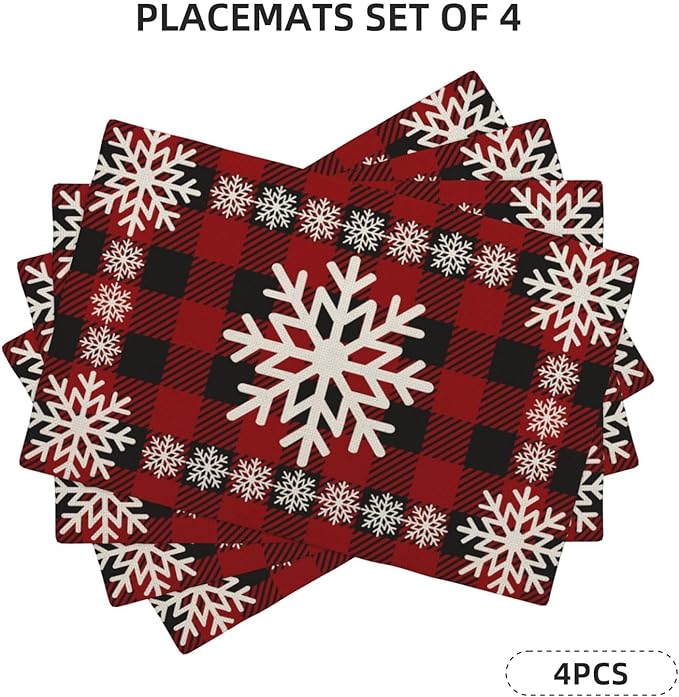 Christmas Placemats Set of 4 Vintage Red Black Buffalo Plaid Snowflake Decor Place Mats 12x18 Inch Xmas Winter Holiday Decorative Linen Table Mats for Home Kitchen Dining Party Table Decoration
