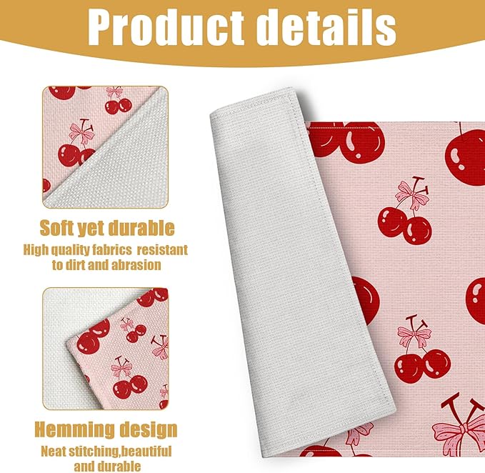 Red Cherry Bow Placemats Set of 6, Linen Place Mat Washable Stain Resistant Table Mats for Farmhouse Kitchen Dining Holiday Party Wedding Decor 12x18 Inch