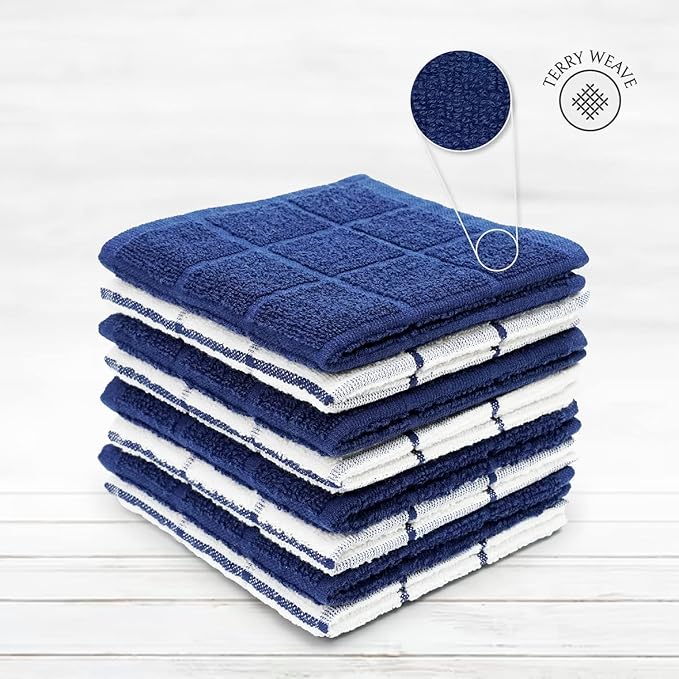 100% Cotton Terry Dish Cloth & Dish Towel, 8 Pack, Super Soft and Absorbent Kitchen Towels, Perfect for Kitchen Cleaning and Dish Washing (Navy (Solid and Check) 8 Pack)
