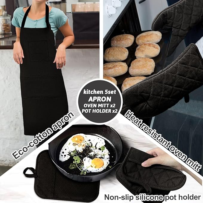 Oven Mitts and Pot Holders with Cooking Apron Set of 5, Heat Resistant Kitchen Gloves and Silicone Non-Slip Potholders, Adjustable Neck Buckle Chef Apron, Cotton Nice Design for Cooking (Black)…