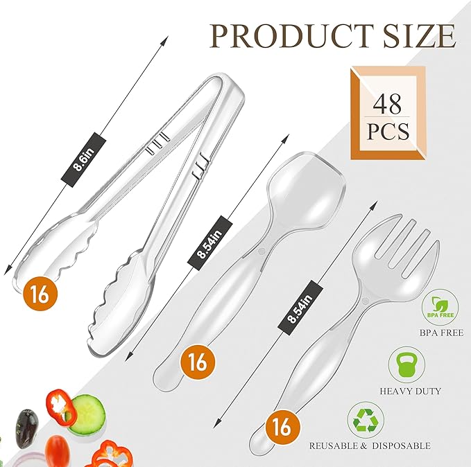 Mwellewm 48Pcs Plastic Serving Utensils Disposable Serving Spoons for Buffet Clear Forks Serving Tongs 8.5'' Heavy Duty Large Party Utensils Supplies for Restaurant Food Dinner Salad Noodles Soup