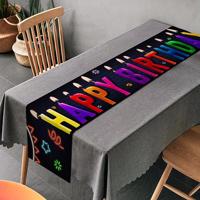 Happy Birthday Table Runner 13x72 Inch Birthday Candle Farmhouse Polyester Linen Table Decoration for Kitchen Dinning, Indoor Outdoor Home Dinner Party (Multi)