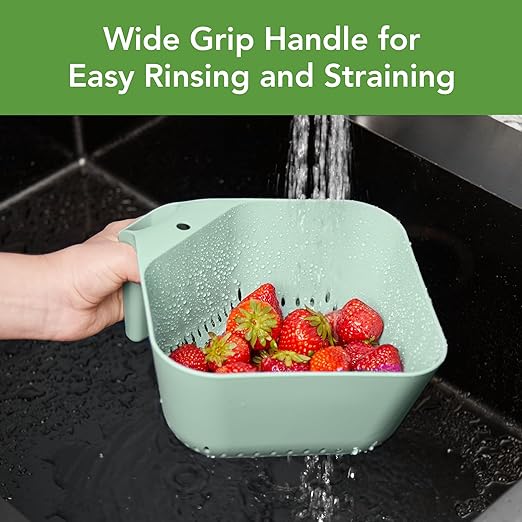 Tovolo Elements Square Colander with Handle Strainer Basket for Pasta Fruit Berries Veggies, Easy to Clean BPA Free Heat Resistant Plastic Colander with Spout 3 Quart Kitchen Strainer, Mint Green