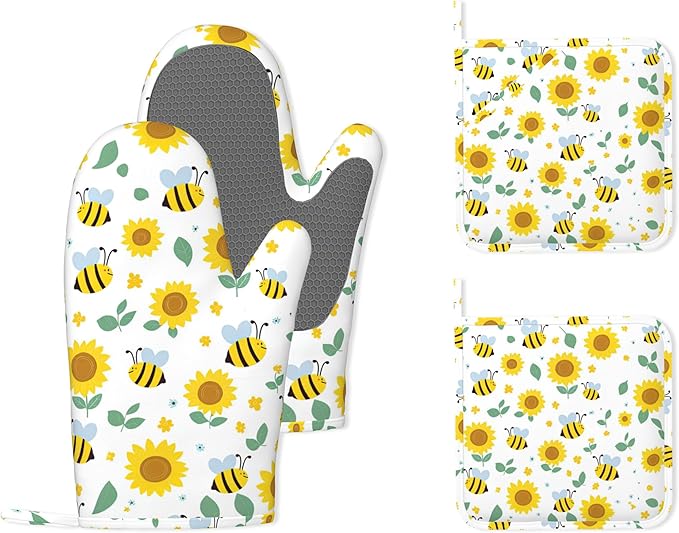 Cute Bee Sunflower Heat-Resistant Silicone Oven Mitts and Pot Holders 4 Piece Set,Extra Long Non-Slip Kitchen Oven Gloves for Cooking, Baking, BBQ,Grilling