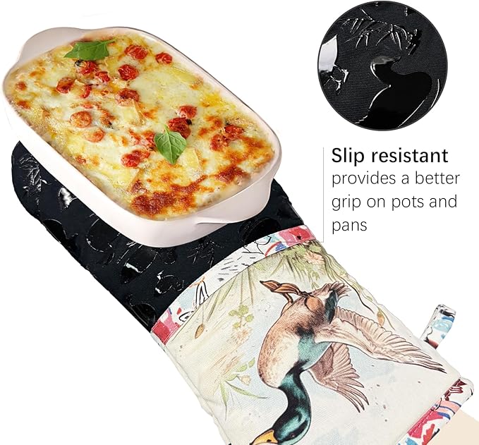 Alselo Oven Mitts, Heat Resistant with Soft Quilted Cotton Lining Set of 2, Fashion Duck Design with Silicone Printing Anti-Slip Kitchen Gloves for Safe Backing Cooking Barbecue (Darkgray, Duck)