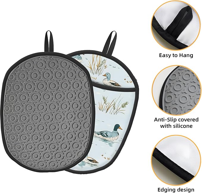 Duck Silicone Pot Holders Set of 2, Heat Resistant up to 500°F, Non-Slip Kitchen Hot Pads with Pocket and Soft Quilted Cotton Lining for Baking, Cooking and Hot Pots