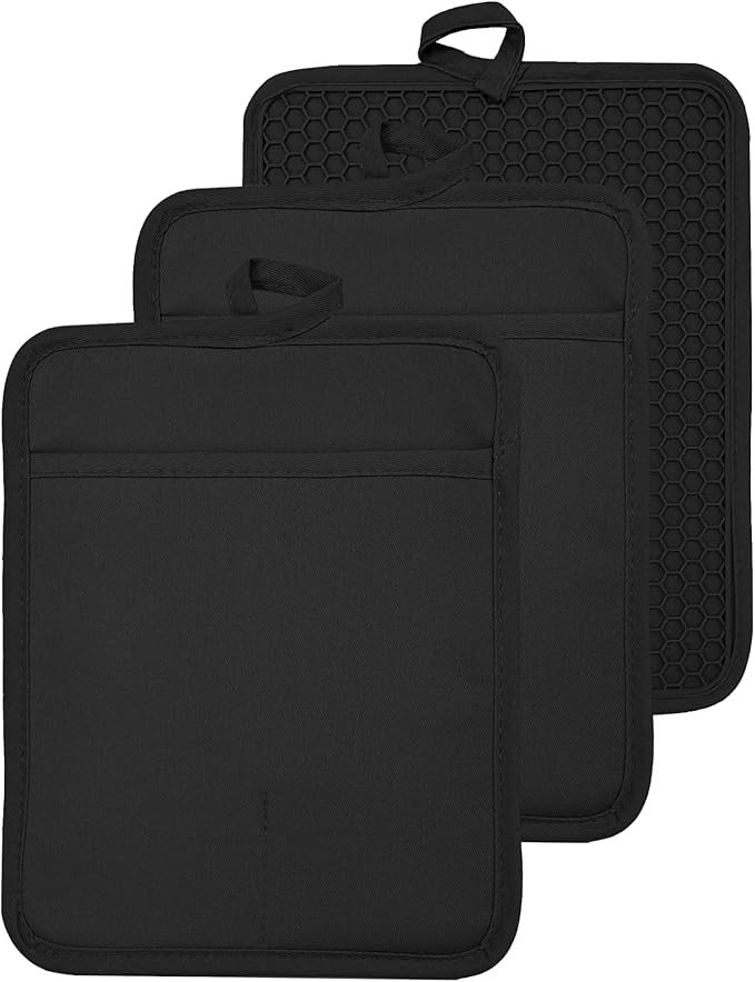 Oven Pot Holder with Pocket Cotton Heat Resistant Coaster Potholder Kitchen Hot Pad Oven Mitts for Cooking and Baking Square 7"x9" (Black, Silicone)