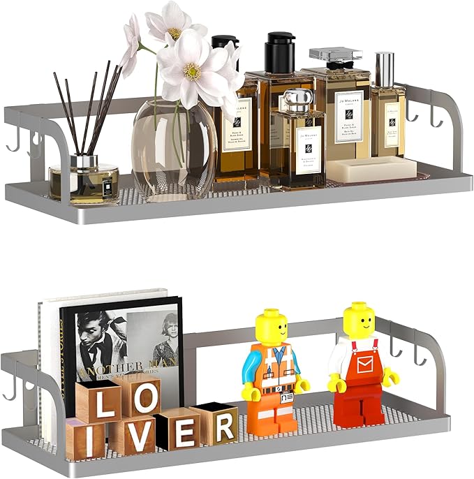 PUSDON 2-Pack Wide Hollowout Shower Caddy & Spice Rack, Wall Mount Bathroom Organizer with Mesh Bottom, Easy Access Cabinet Door Shelf Holds 50LBS - Silver Gray, Hollowout