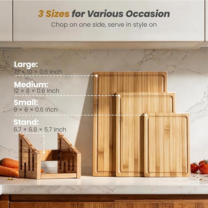 Bamboo Cutting Board Set of 3, Durable Wooden Chopping Boards with Distinctive Stand & Juice Grooves, Ideal for Meat, Vegetables, Fruit, Charcuterie Prep & Serving, Kitchen Gifts for Mom, Natural