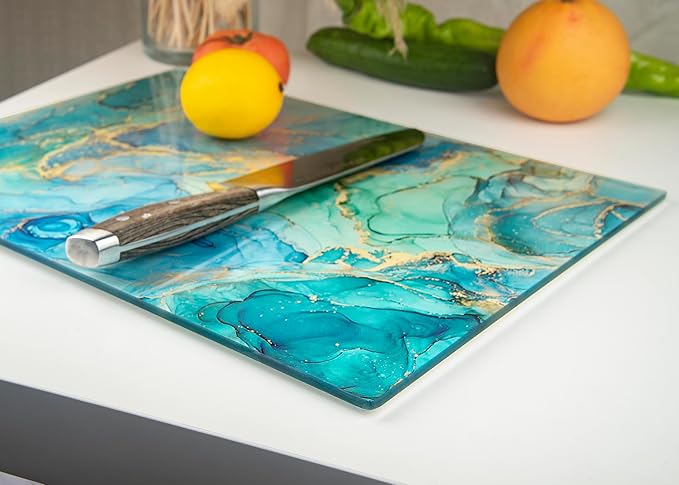 Kitchenville Glass Cutting Board 16"x12": Tempered Glass Kitchen Counter Protector - Durable- Scratch-Resistant, Heat-Proof - Design 9 - Teal Ocean
