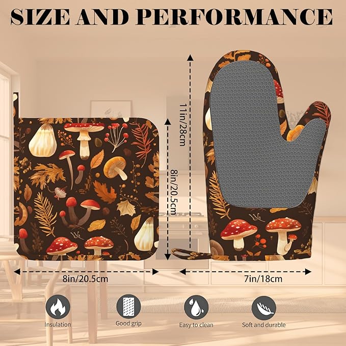 Mushroom Oven Mitts and Pot Holders Sets Vintage Leaf Silicone Kitchen Mitts Potholders Heat Resistant Oven Gloves Hot Pads for Kitchen Baking Cooking