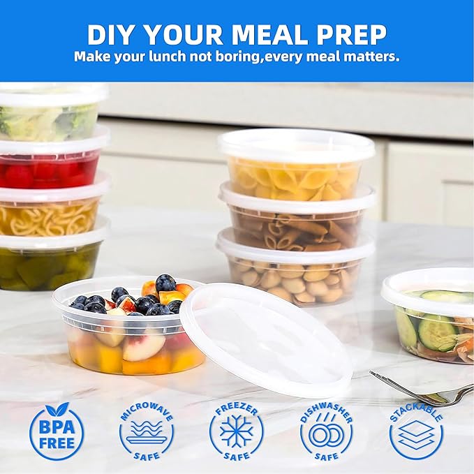 Plastic Deli Containers with Lids, 48 Sets 12oz Leakproof Soup Storage Containers for Family Soup & Leftovers, Round Meal Prep Cups, BPA Free, Microwave/Freezer/Dishwasher Safe