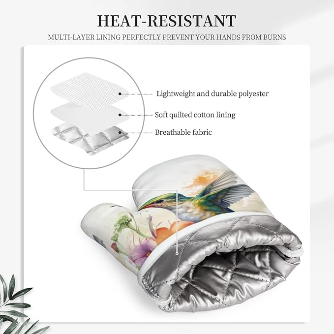 Oven Mitts and Pot Holders Watercolor Hummingbird Flower Silicone Kitchen Accessories Set of 2 Heat Resistant Long Gloves Potholder Non-Slip Grip for Chef Cooking,Baking,Grilling,BBQ